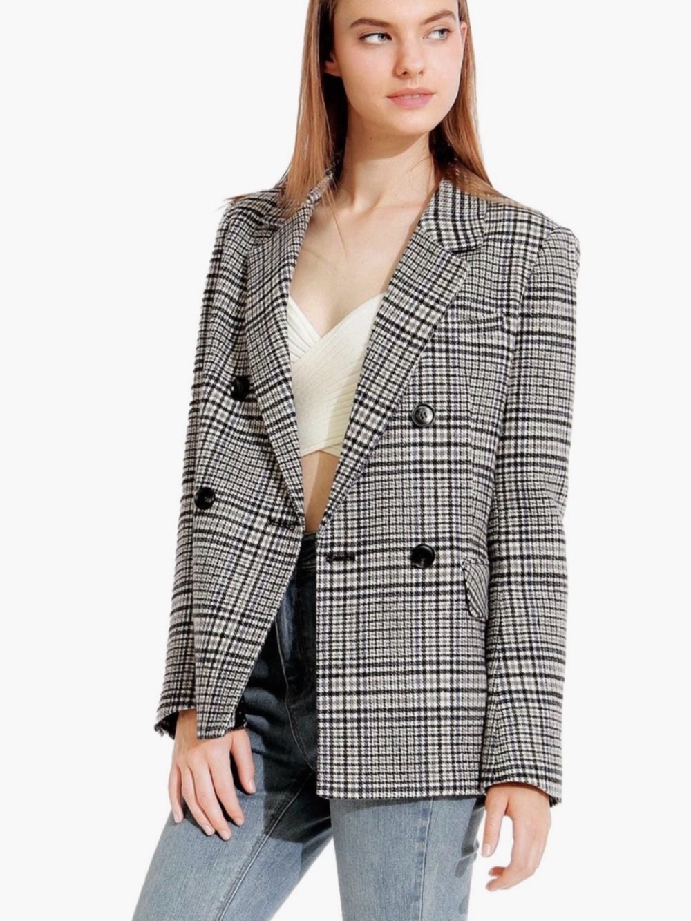Women's Double-Breasted Plaid Blazer - Black & White